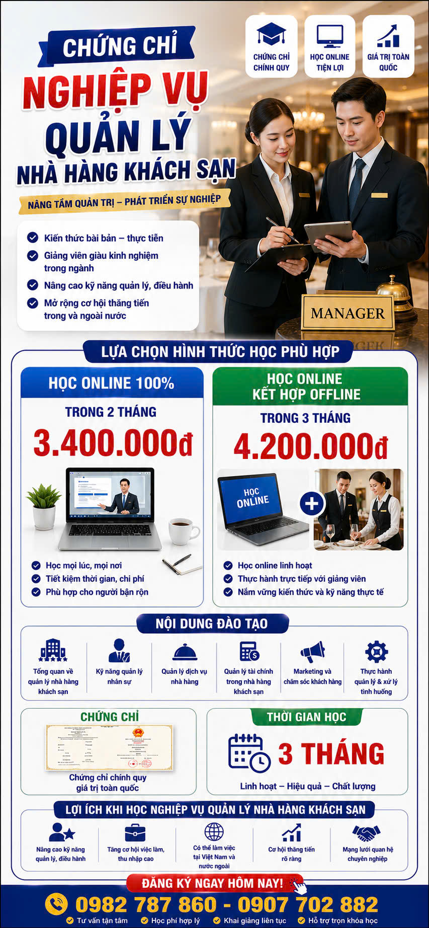Khóa học chứng chỉ nghiệp vụ Quản trị khách sạn – nhà hàng