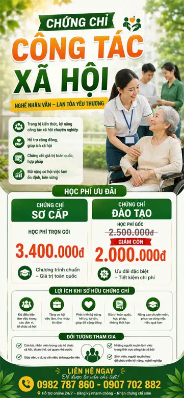 Đăng ký Khoá học cấp Chứng Chỉ Sơ Cấp Công Tác Xã Hội Online | Học 2–3 Tháng 6 Chứng chỉ công tác xã hội